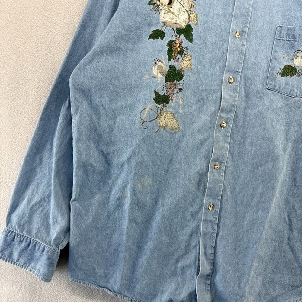 Vintage Birds Denim Shirt Adult XL Blue Birdhouse Light USA Grandma Cottage 90s - Picture 3 of 10